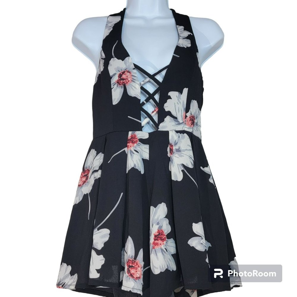 Solaris Style Women's Small Black w/White & Pink Floral Print Fit & Flare Dress